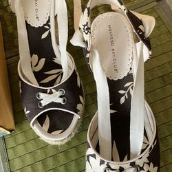Montego Bay Club, Hawaiian Print Brown And White Ankle Tie / Lace Up Jute Wedge Size 8 Women’s Shoes For Graduation , Prom, Summer Parties