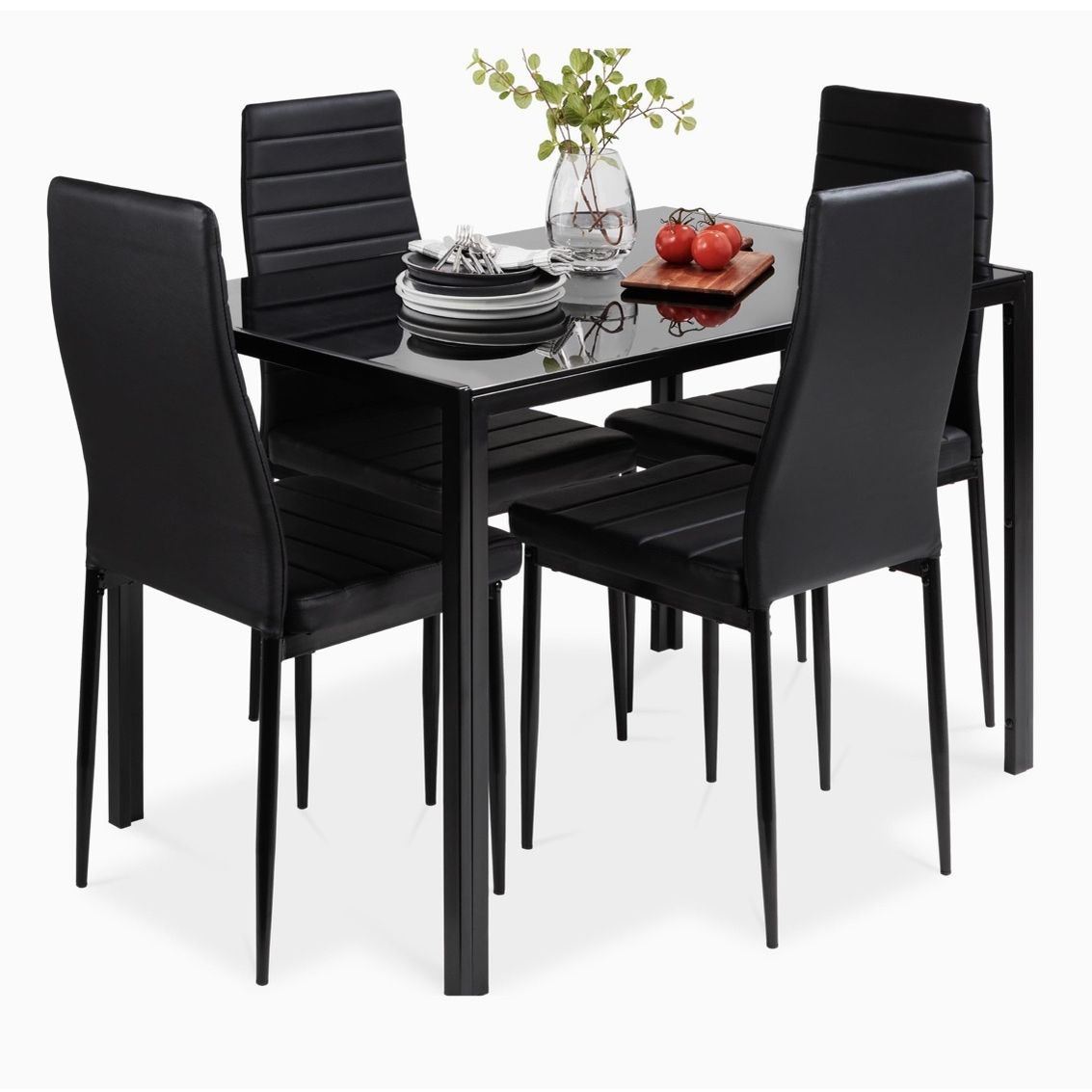 5-Piece Glass Dining Set, Modern Kitchen Table Furniture for Dining Room, Dinette, Black