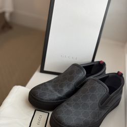 Gucci GG Monogram Black Leather Shoes Trainers Sneakers   UK 6.5 US 7.5