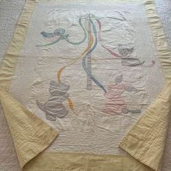 Vintage Baby Quilt Crib Blanket Embroidered Handmade Pastels Maypole Ribbons Bird Bunny Kittens