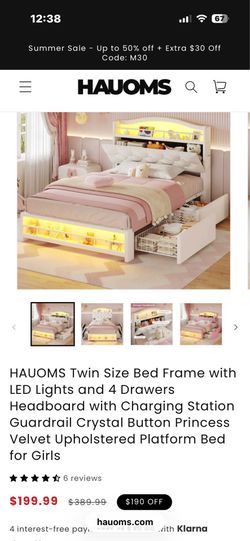 Haoums twin bed with led lights, shelves, and drawers