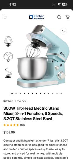 300W Tilt-Head Electric Stand Mixer, 3-in-1 Function, 6 Speeds, 3.2QT Stainless Steel Bowl