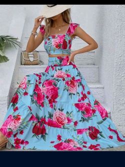 2 Piece Floral Skirt Sets for Women Ruffle Camisole Tops High Waisted Layered Maxi Skirt Spring Outfits for Women