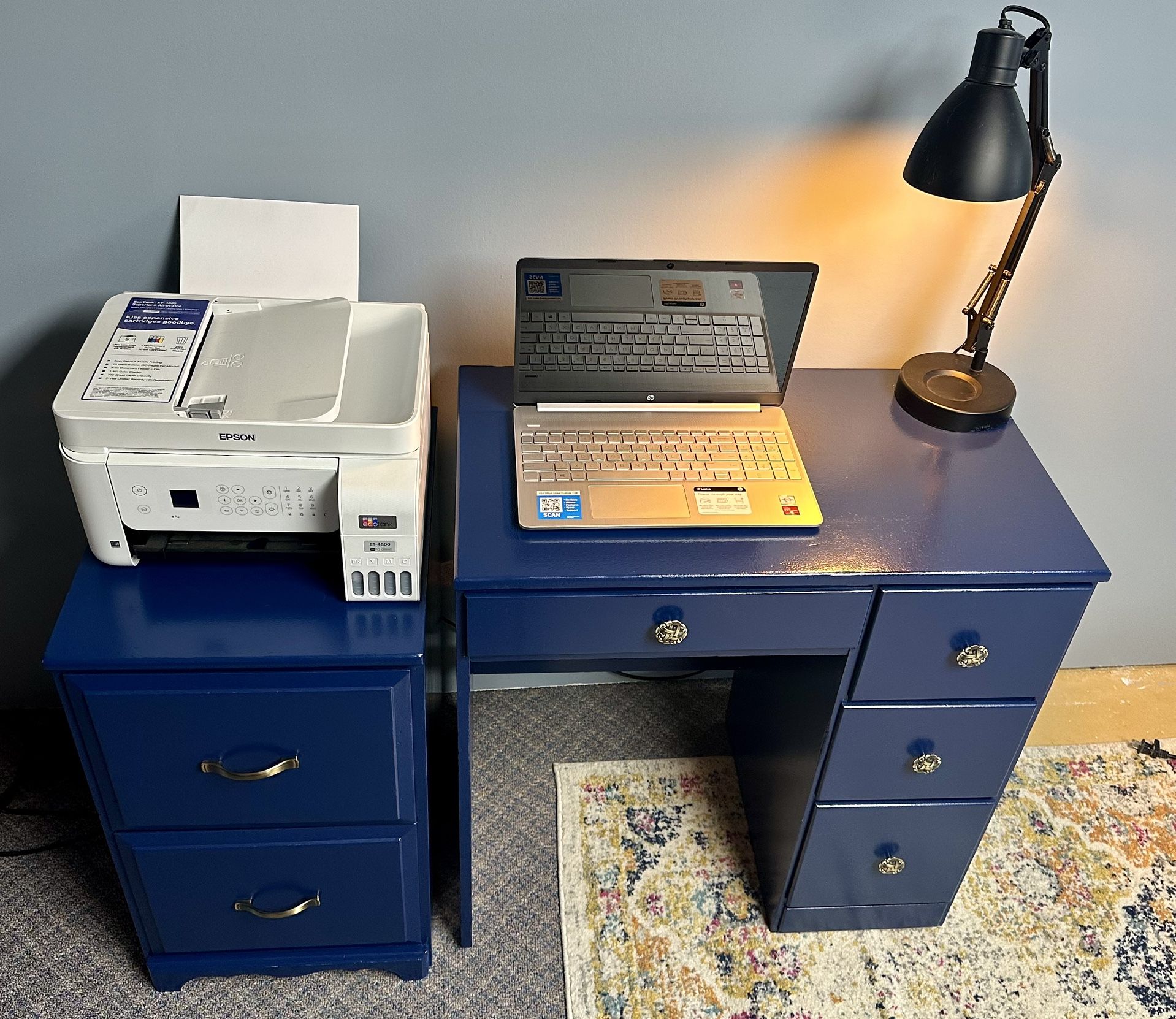 Chick Blue Desk & Filing Cabinet Set