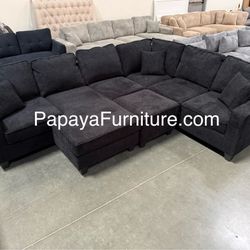 New 113” Large Sectional Sofa With Ottoman, Sectional Couch, Black Sofa, Black Couch, Chenille Sectional, Reversible Chaise Sectional, L-shaped Couch