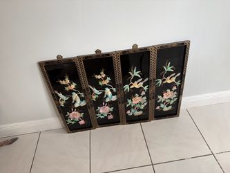 Vintage Asian Mother of Pearl Inlay Wall Art – Birds & Flowers 4-Piece Set