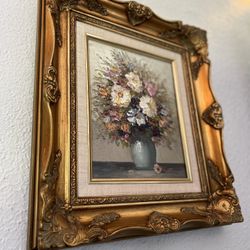 Robert Helman Original Textured Oil Painting Flowers Vase Signed Gold Framed