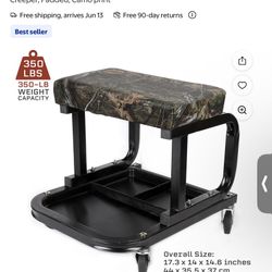 Mossy Oak Rolling Mechanic Stool with Tool Tray, 350 lb Capacity, Creeper, Padded, Camo print