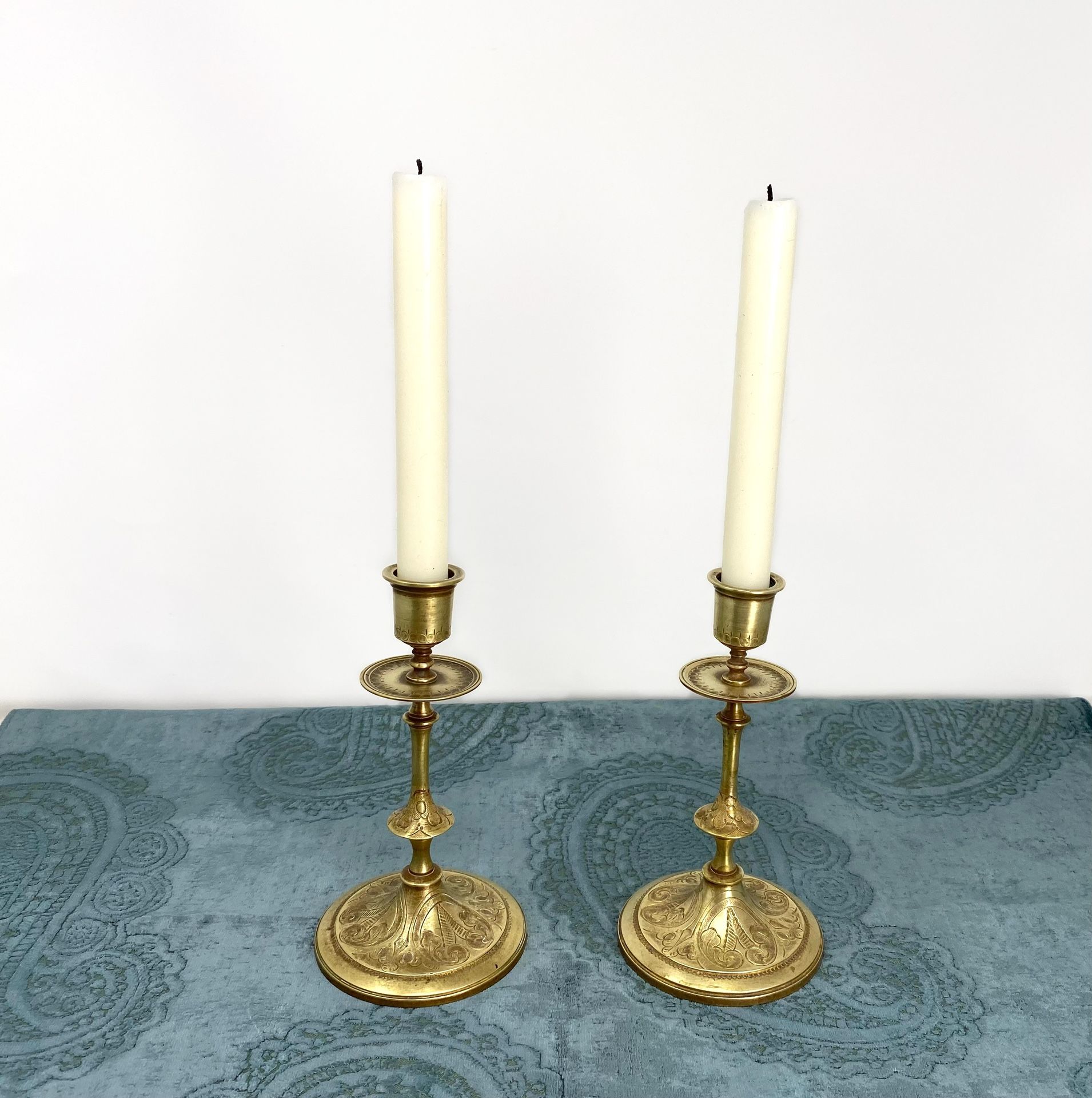 Pair Of 6 1/2” Vintage Engraved Brass Candlesticks 