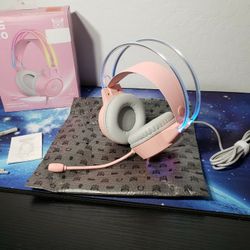 New Lightweight Pink Gaming Headset, RGB Lighting, Wired Over Ear Headphones W/ Mic for PC, PS4, PS5, Xbox, Switch, Stereo Surround Sound, Self-Adjust