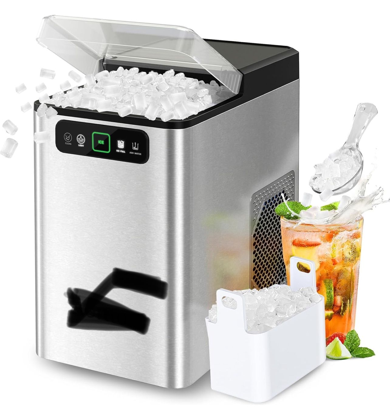 Nugget Ice Maker 40Lbs/24H, Countertop Soft Chewable Ice Pebble Ice Machine, One-Click Operation, Auto Self-Cleaning Ice Makers with Scoop&Basket for