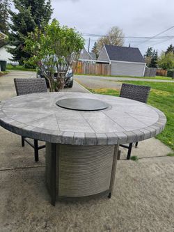 Outdoor Propane Fire Pit Table Set with 6 Wicker Bar Stools