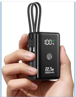 Portable Charger 10000mAh with 2 Built-in Cables 45% Smaller 22.5W Power Bank Fast Charging Battery Pack,LED Display Compact Travel Charger,for iPhone
