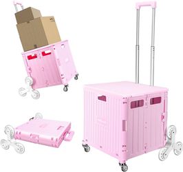 Foldable Cart with Stair Climbing Wheels, Collapsible Rolling Crate with Telescoping Handle, Handcart for Grocery Book File Tool Art Supplies(Pink)