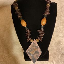 Plum,gold And Black Beaded Necklace With Large Diamond Shaped Pendant 