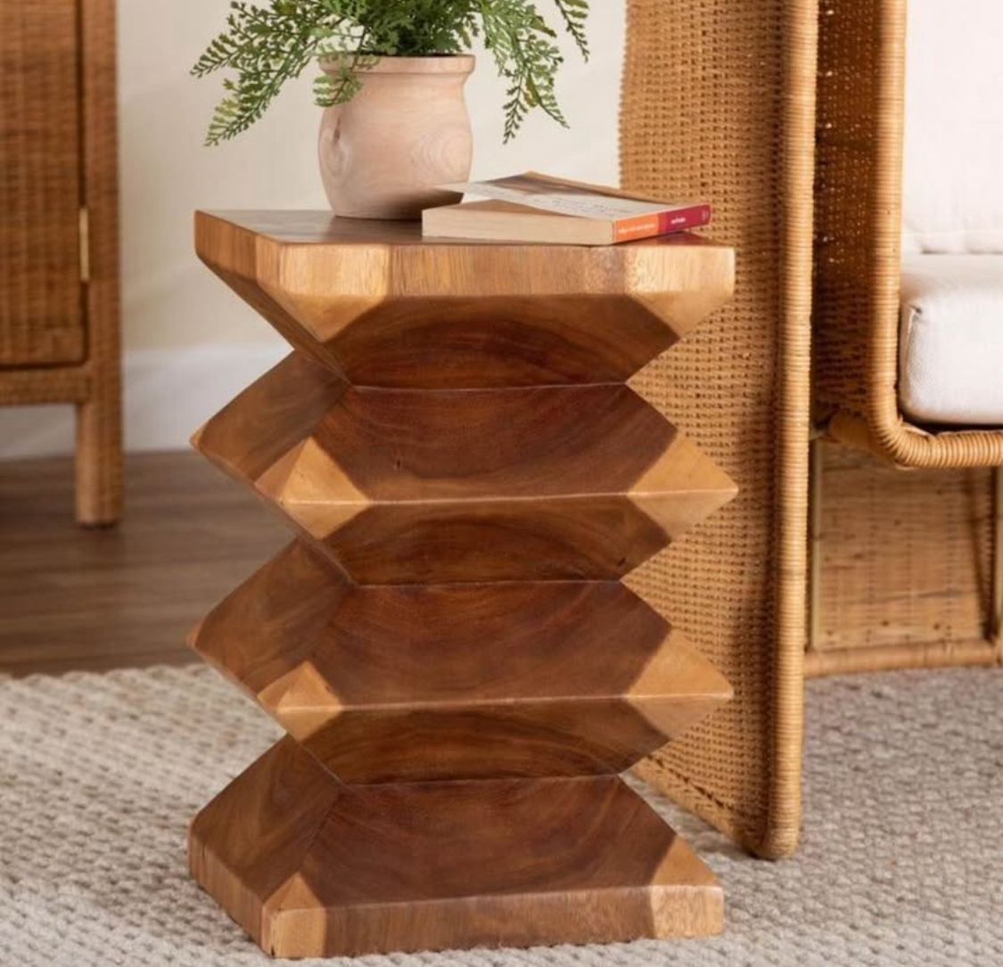 New Boho Solid Suar Wood Side Table - Handcrafted Sculptural End Table with Zigzag Design