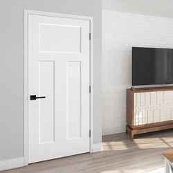 BARNSMITH 36x80 in Flat 3-Panel Smooth White Primed Molded Door Slab, Modern Paintable Hollow Core Interior Door Panel, for Swing, Pocket, Sliding Doo