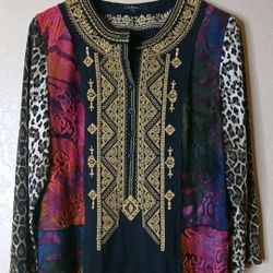 CALESSA Colorful Embroidered Animal Mixed Print Tunic Blouse Size L Multicolor 