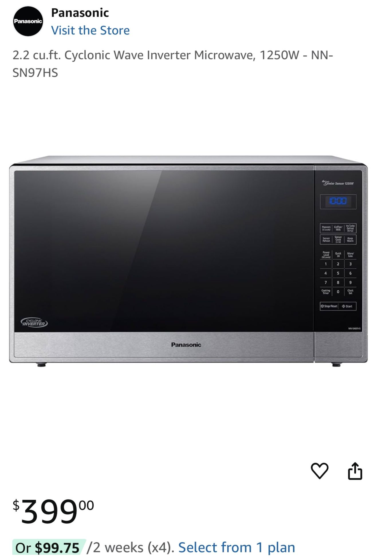 2.2 cu.ft. Cyclonic Wave Inverter Microwave, 1250W - NN-SN97HS
