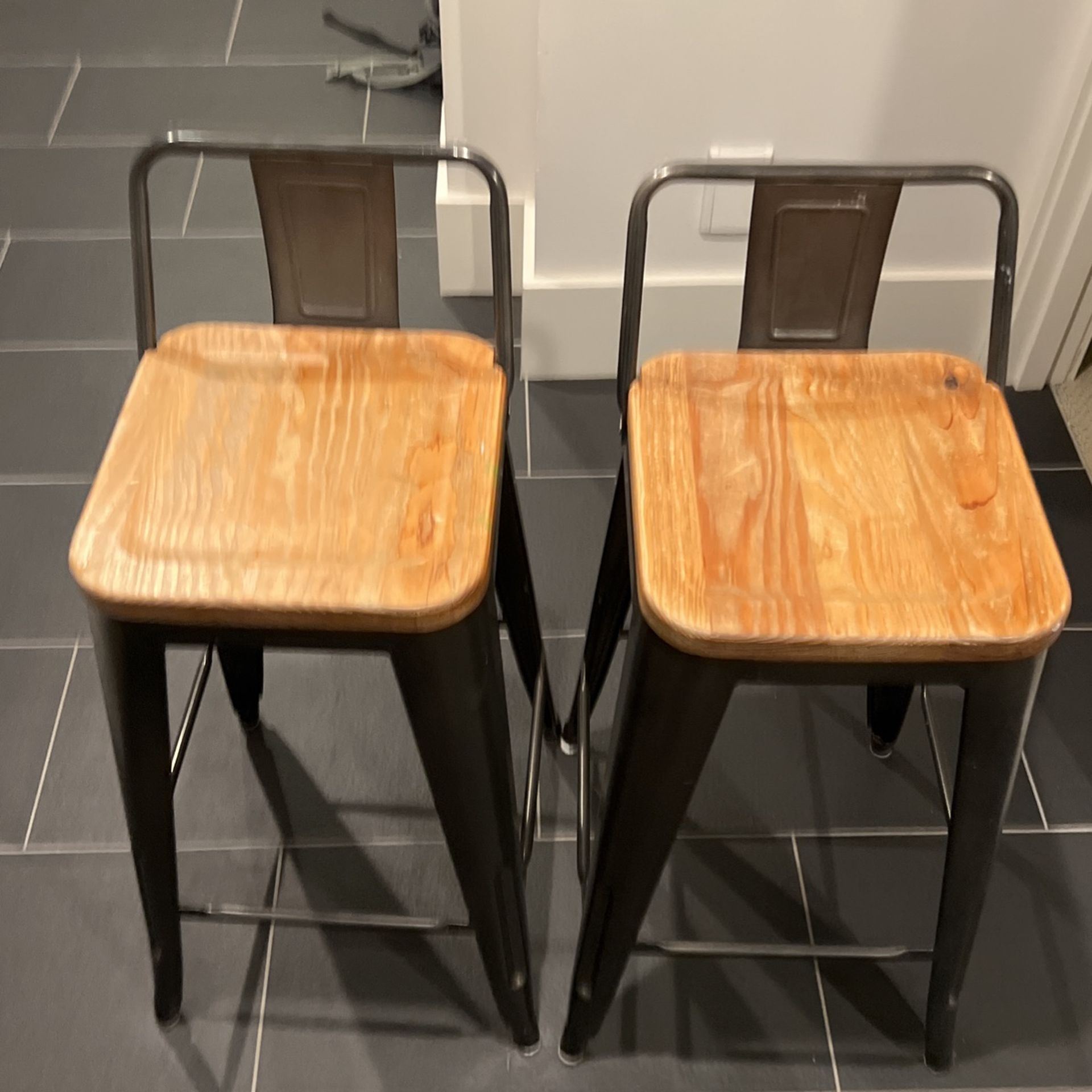 Two Wooden Metal Bar Stools
