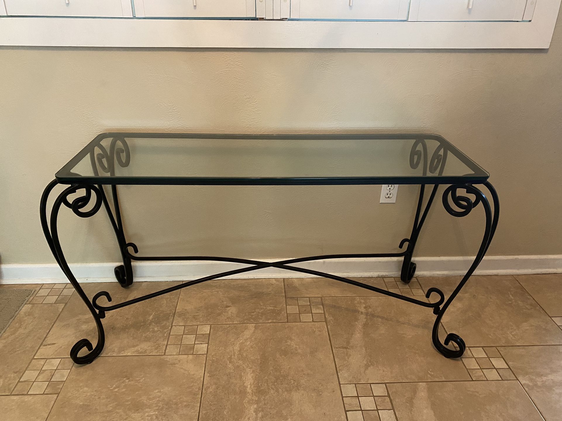 Black Wrought Iron Sofa/Console/Entry Table Thick Glass Top