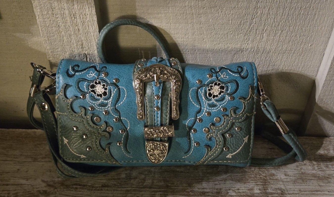 Womens Clutch Wallet Crossbody Turquoise Western Bling Buckle 7"