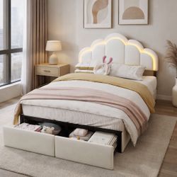 Full Size LED Kids Bed with Storage Drawers – Cloud Headboard