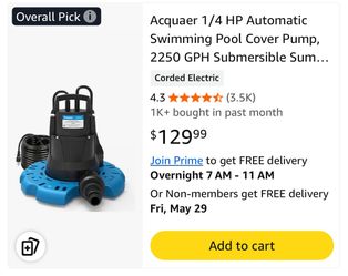 1/4 HP Automatic Submersible Swimming Pool Cover Pump with 3/4” Check Valve Adapter & 25ft Power Cord