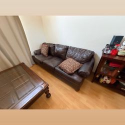 Leather Couch, Love Seat & Ottoman w/ Footrest & 2 Tables 
