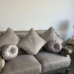 Silver gray sofa and loveseat and tables, dining room table 6 chairs