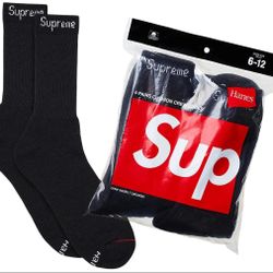 Supreme x Hanes Crew Socks (2-Pack) – Black – Size 6–12 – New