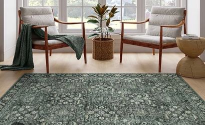 Washable Dark Green Vintage-Style Area Rug