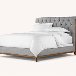 Restoration Hardware RH Chesterfield Fog Belgian Linen Sleigh Queen Bed Frame