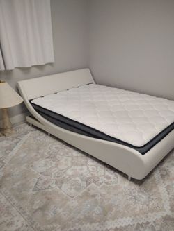 Very Nice Tencel White Upholstered Bed Frame with Mattress