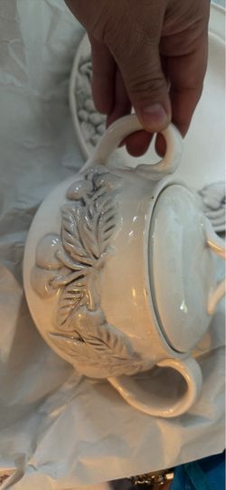 White Ceramic Sugar Bowl with Lid and plates
