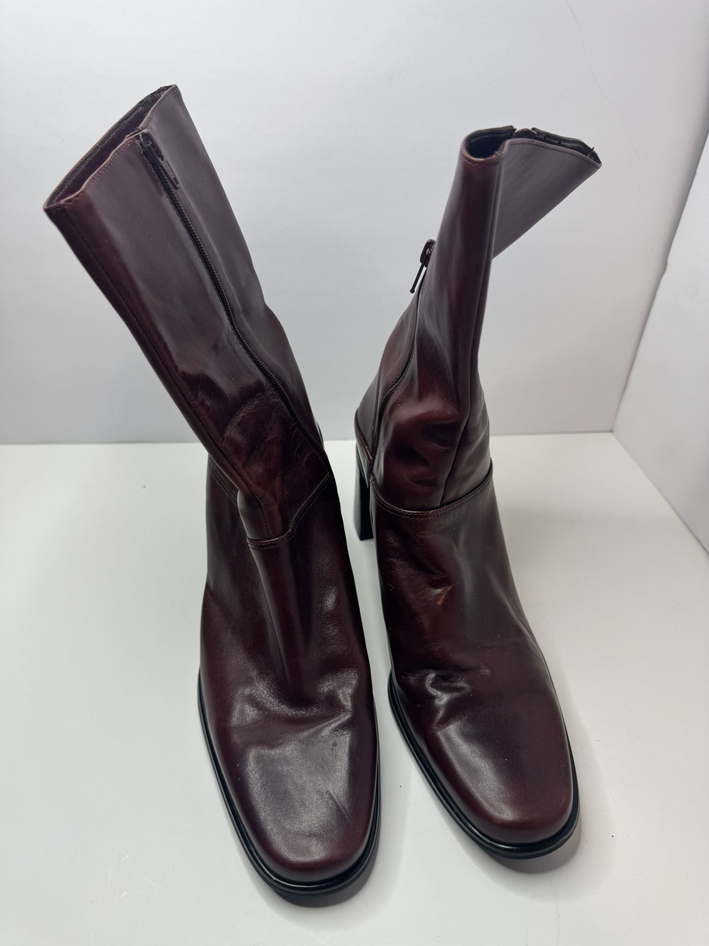 Franco Sarto Disco Vino Calf Lucido Burgundy Leather Boots Size 9.5M