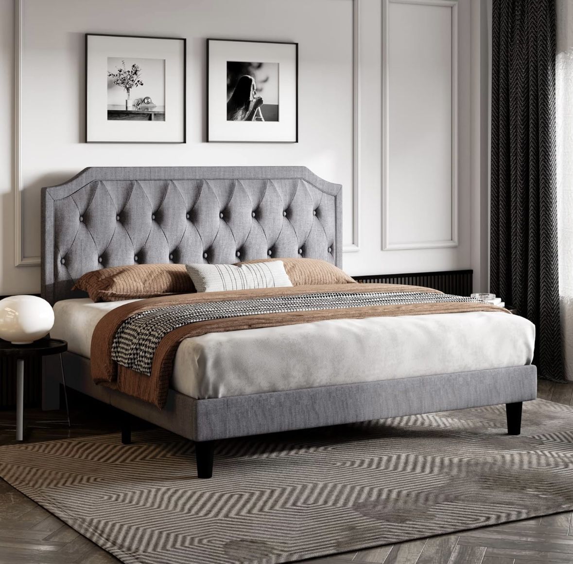 SHA CERLIN Full Size Upholstered Platform Bed with Curved Rhombic Button Tufted Headboard