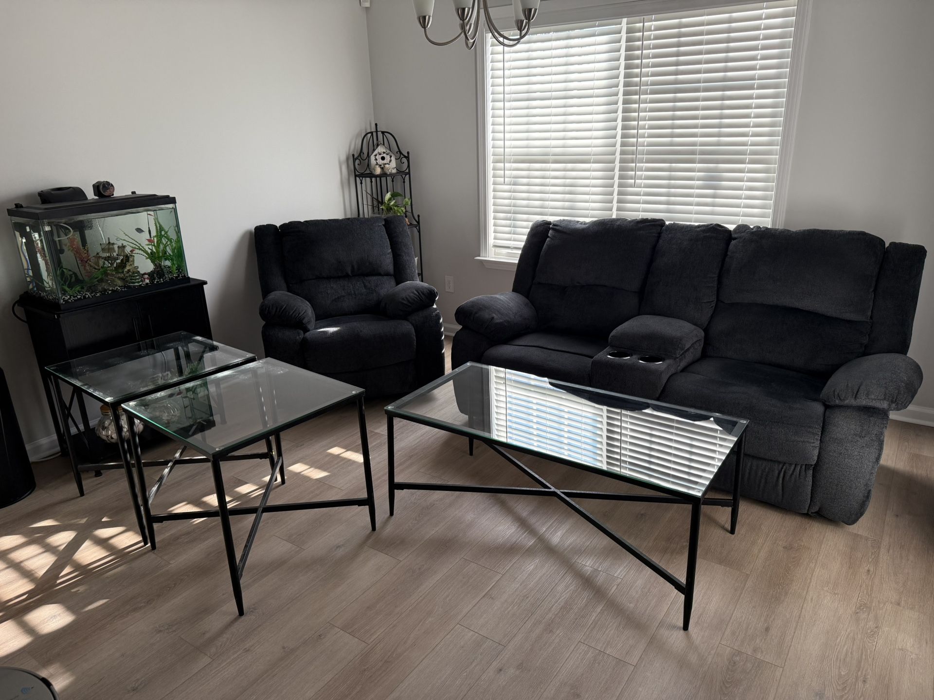 Living Room Set; Reclining Loveseat With Cupholder Column, Reclining Chair, Two Glass, End Tables And One Glass Coffee Table