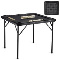 VEVOR Mahjong Table, Square 4 Player Folding Card Table with 4 Cup Holders & 4 Chip Trays, Portable Domino Game Table with 1 Set of Dominoes for Mahjo