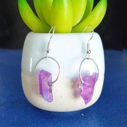 Purple aura quartz crystal shard wire hoop dangle earrings with sterling silver hooks