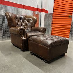 Restoration Hardware Churchill Leather Chair and Ottoman