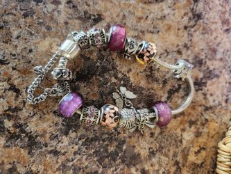 Silver Charm Bracelet with Purple Beads