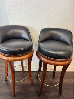 2 x Leather Swivel Bar Stool with Back, Bar Height Wood & Black Leather Chairs, Classic Timeless Kitchen Furniture