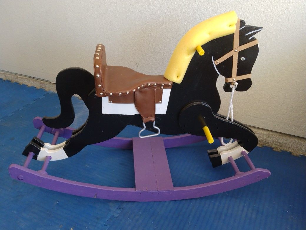 Custom Wooden Rocking Pony Horse - Leather Seat And Straps Detailing + Cushion Mane,  Rope Harness