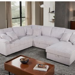 Brand New Elegant Comfy Pullout Corduroy Sectional Set With Storage 