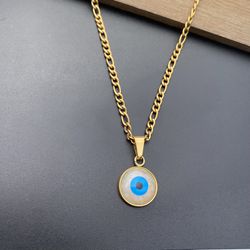 Gold Over Stainless Steel Blue Evil Eye Necklace  Woman Gift