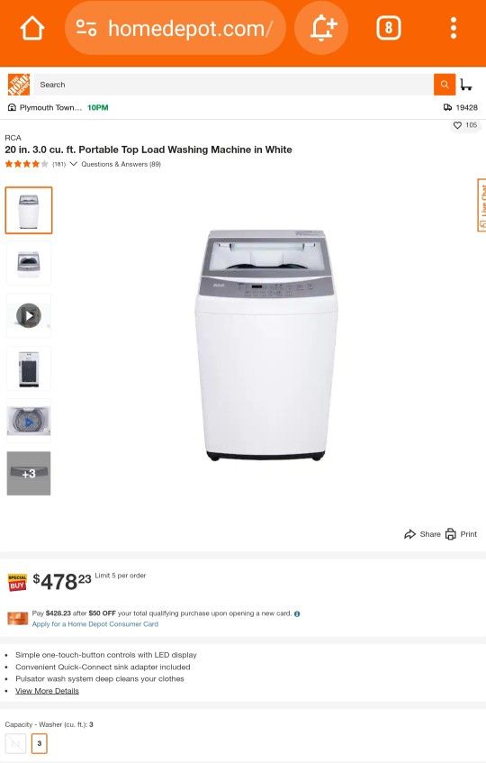 
20 in. 3.0 cu. ft. Portable Top Load Washing Machine in White
