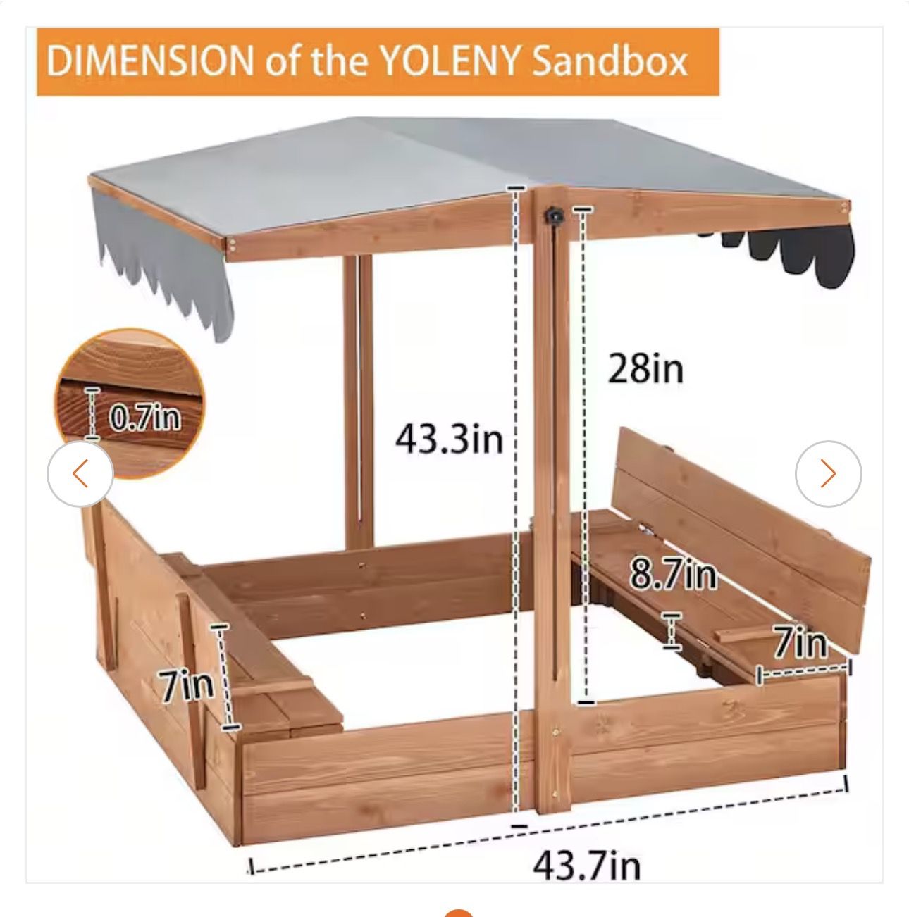 HOMMOW 3.6 ft. W x 3.6 ft. L Wood Square Outdoor Sandbox for Kids with 2 Foldable Bench Seats and Adjustable Canopy Roof,Orange