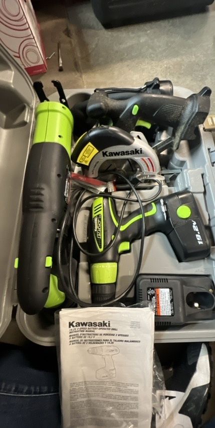 Kawasaki battery operated drill, circular saw, worklight, reciprocating saw