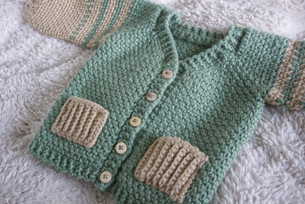 Handmade Crocheted Infant Cardigan / Sweater with Pockets and Buttons - Beige / Green - 18 to 24 months